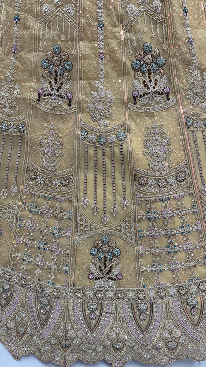 Champagne Gold Bridal Net Lehenga Choli with Dori, Zari, Dabka & Zircon Diamond Work