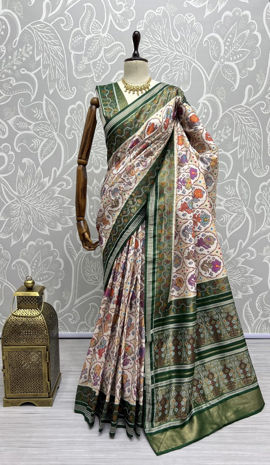 Hand Dyed Meena Silk Thread Crafted Authentic Patola Saree Green