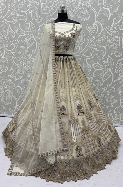Ivory White Bridal Net Lehenga Choli with Dori, Zari, Dabka & Zircon Diamond Work