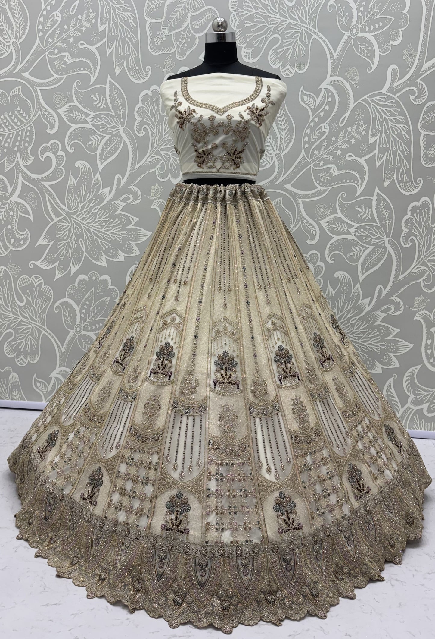 Ivory White Bridal Net Lehenga Choli with Dori, Zari, Dabka & Zircon Diamond Work