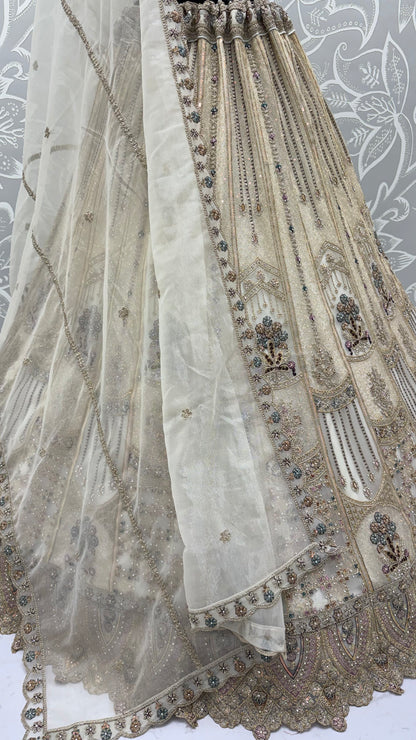 Ivory White Bridal Net Lehenga Choli with Dori, Zari, Dabka & Zircon Diamond Work