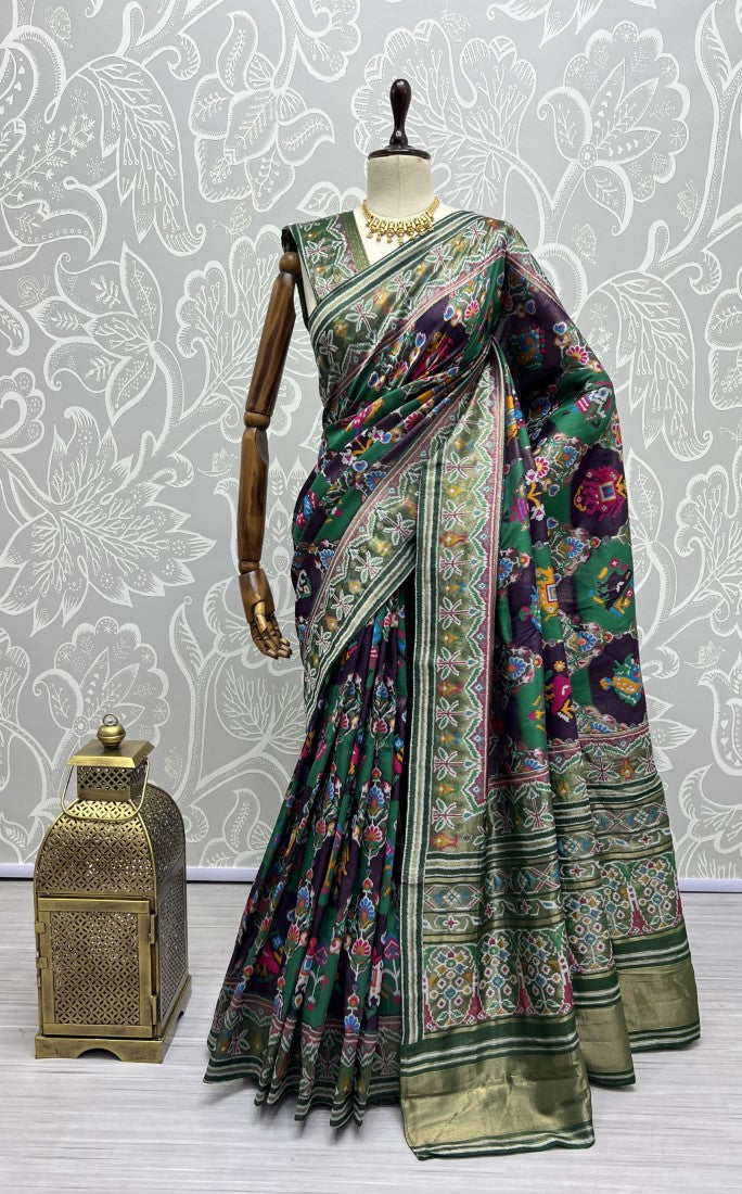 Hand Dyed Meena Silk Thread Crafted Patola Saree Green