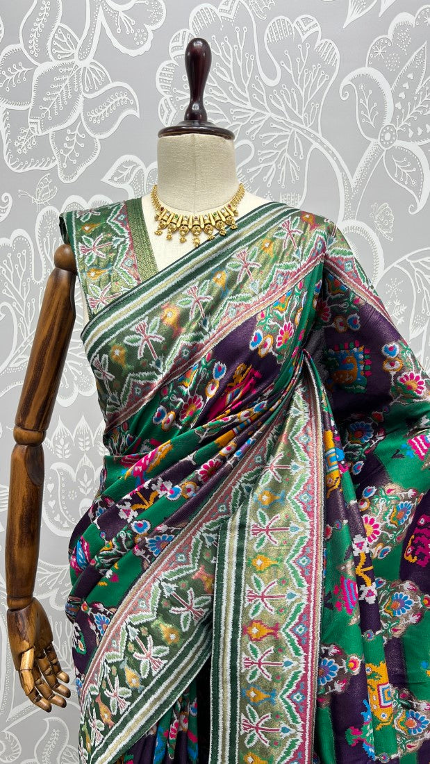 Hand Dyed Meena Silk Thread Crafted Patola Saree Green