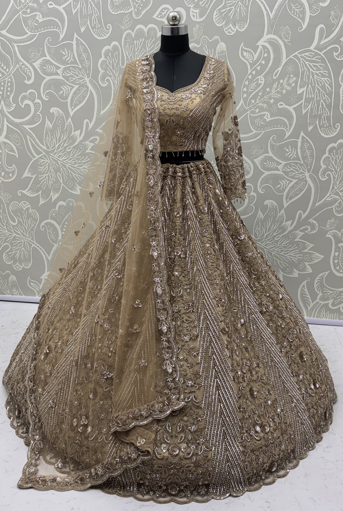 Champagne Gold Heavy Embroidered Net Lehenga Choli with Crystal & Sequins Work