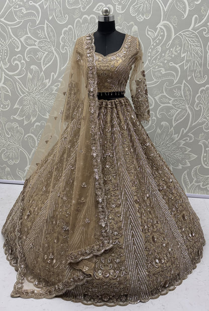 Champagne Gold Heavy Embroidered Net Lehenga Choli with Crystal & Sequins Work