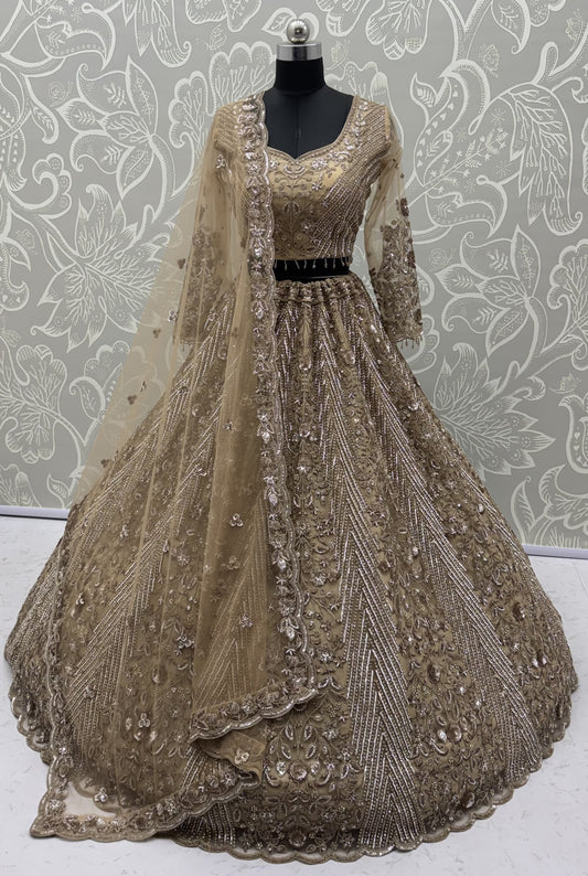 Champagne Gold Heavy Embroidered Net Lehenga Choli with Crystal & Sequins Work
