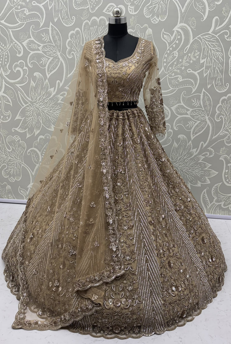 Champagne Gold Heavy Embroidered Net Lehenga Choli with Crystal & Sequins Work