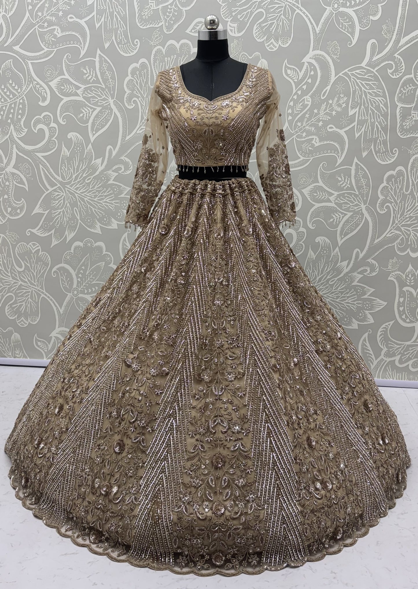 Champagne Gold Heavy Embroidered Net Lehenga Choli with Crystal & Sequins Work