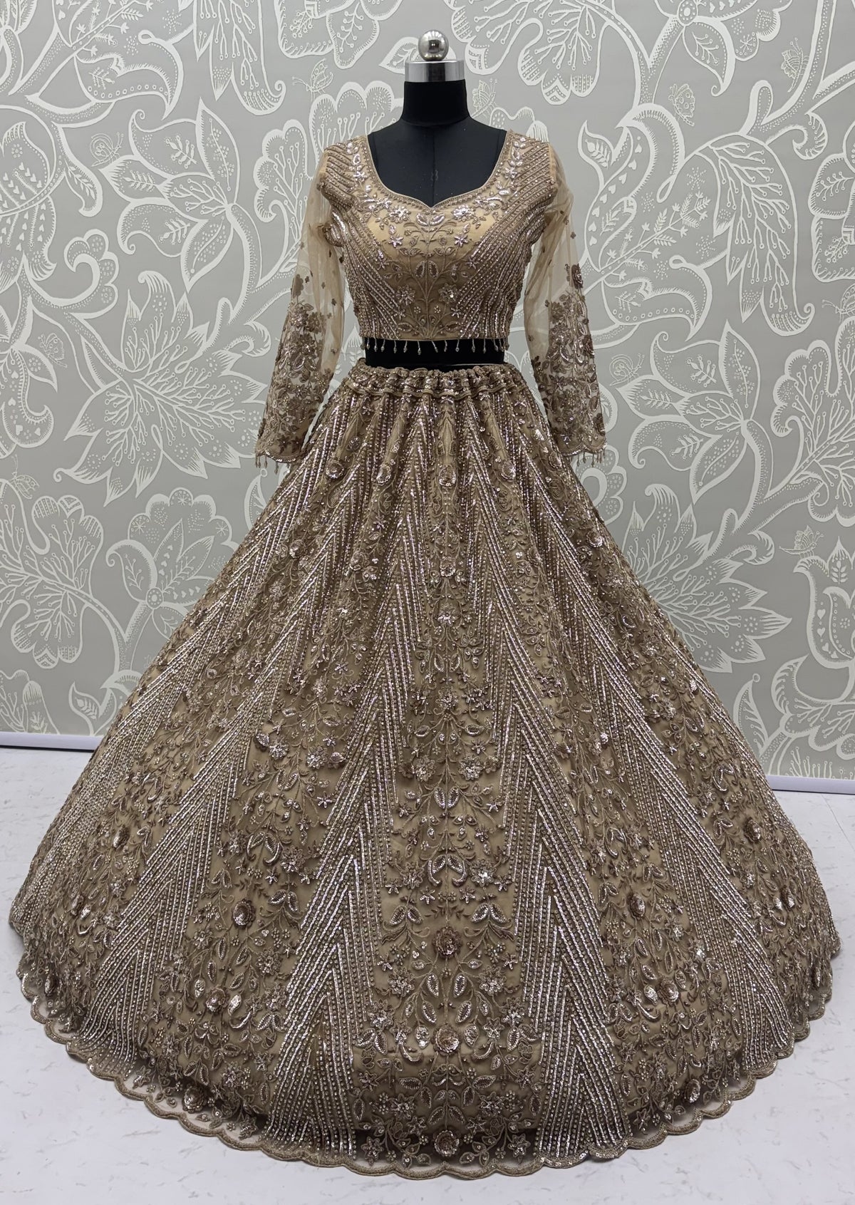 Champagne Gold Heavy Embroidered Net Lehenga Choli with Crystal & Sequins Work