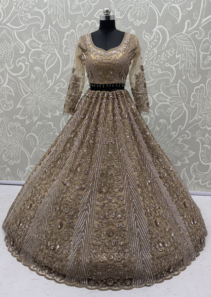 Champagne Gold Heavy Embroidered Net Lehenga Choli with Crystal & Sequins Work
