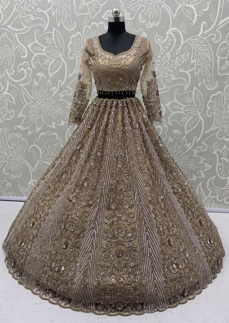 Champagne Gold Heavy Embroidered Net Lehenga Choli with Crystal & Sequins Work