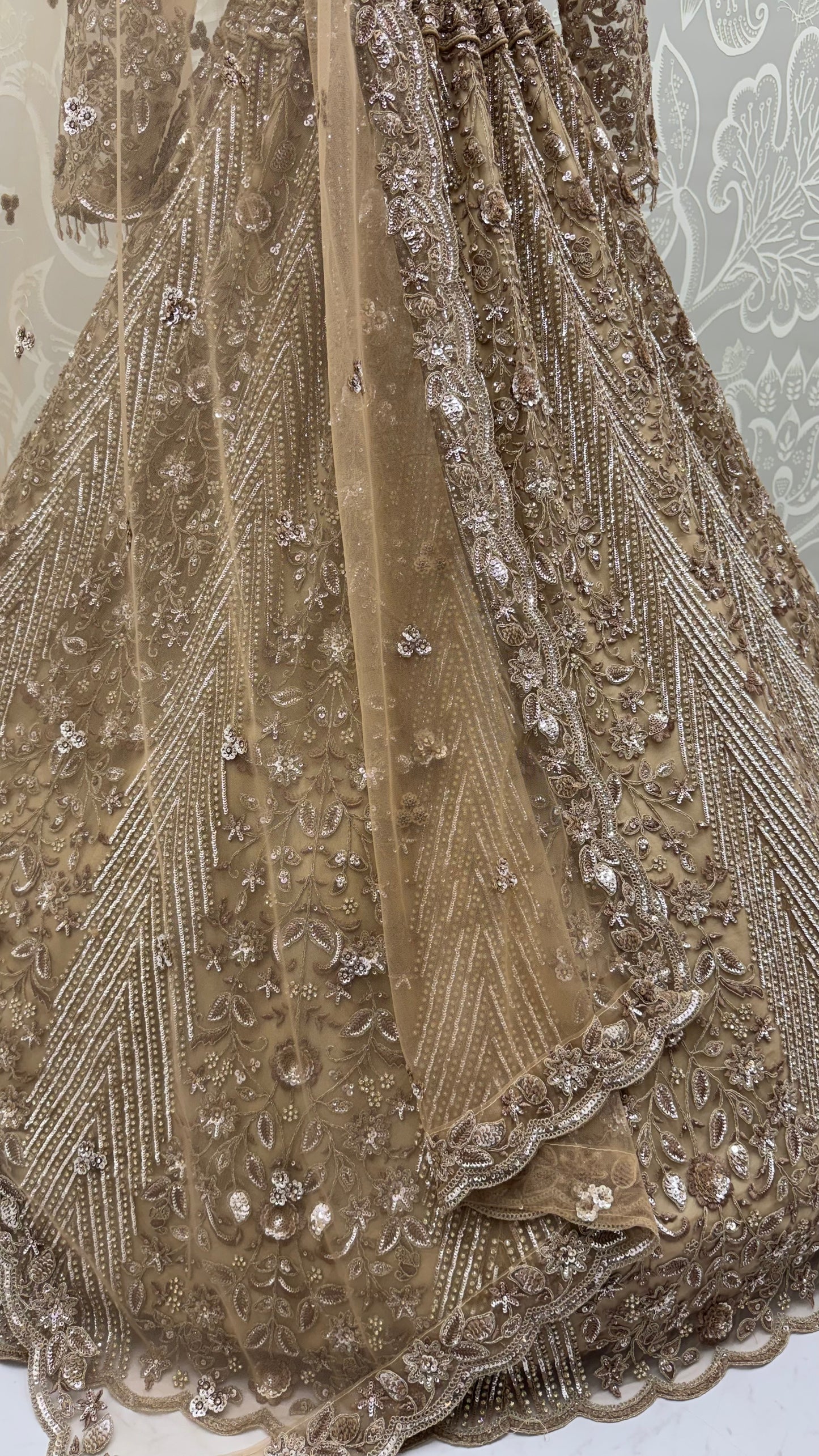 Champagne Gold Heavy Embroidered Net Lehenga Choli with Crystal & Sequins Work