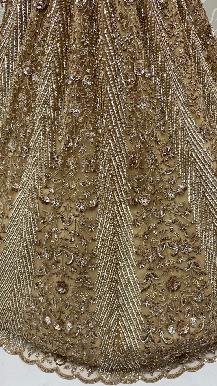 Champagne Gold Heavy Embroidered Net Lehenga Choli with Crystal & Sequins Work