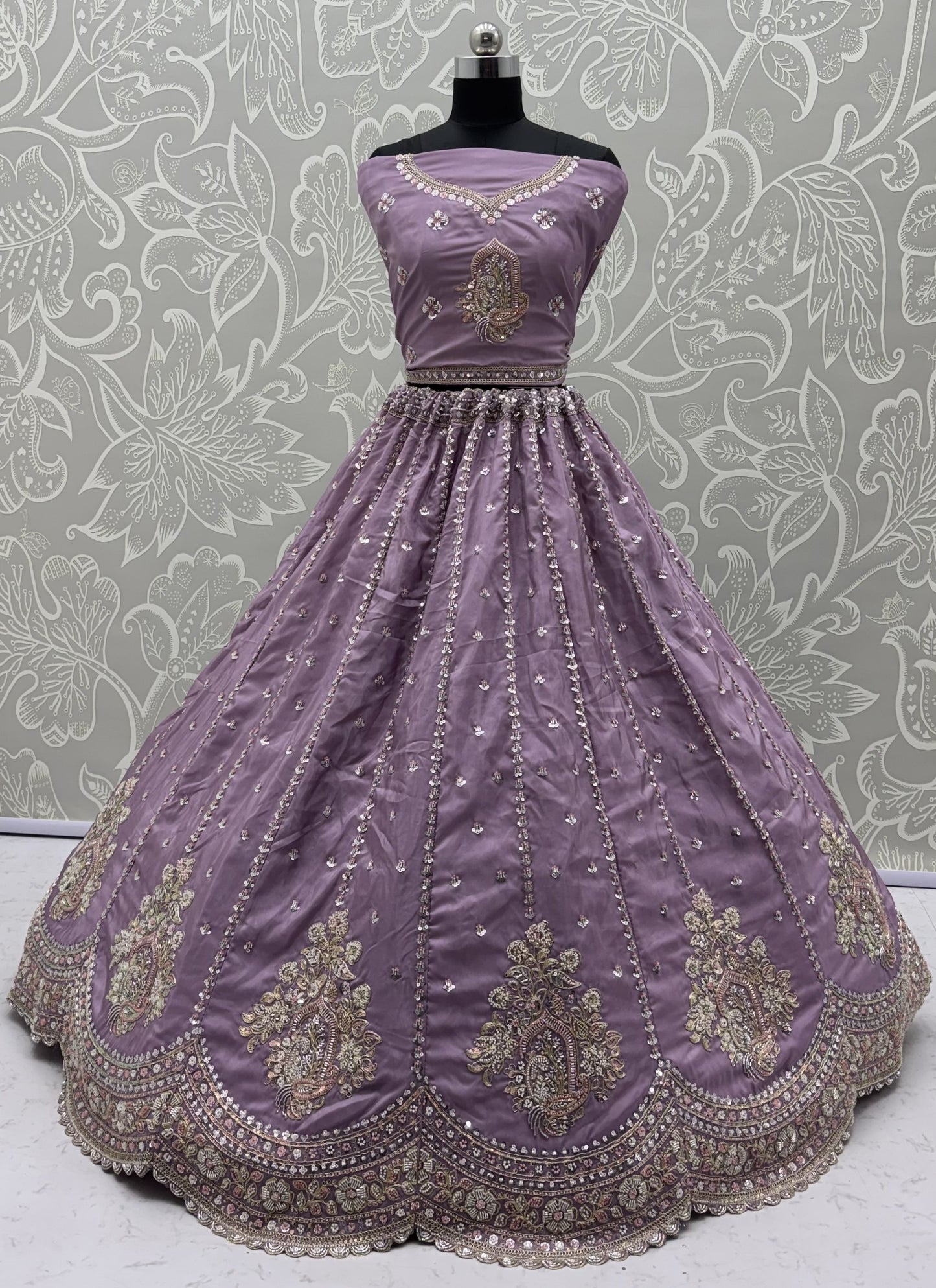 Lavender Cadbury Silk Scalloped Lehenga Choli with Sequins & Boota Work