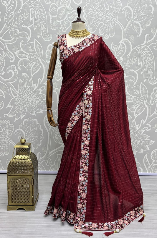 Red Silk Patola with Sequene, Thread Embroidery, Zari Work.