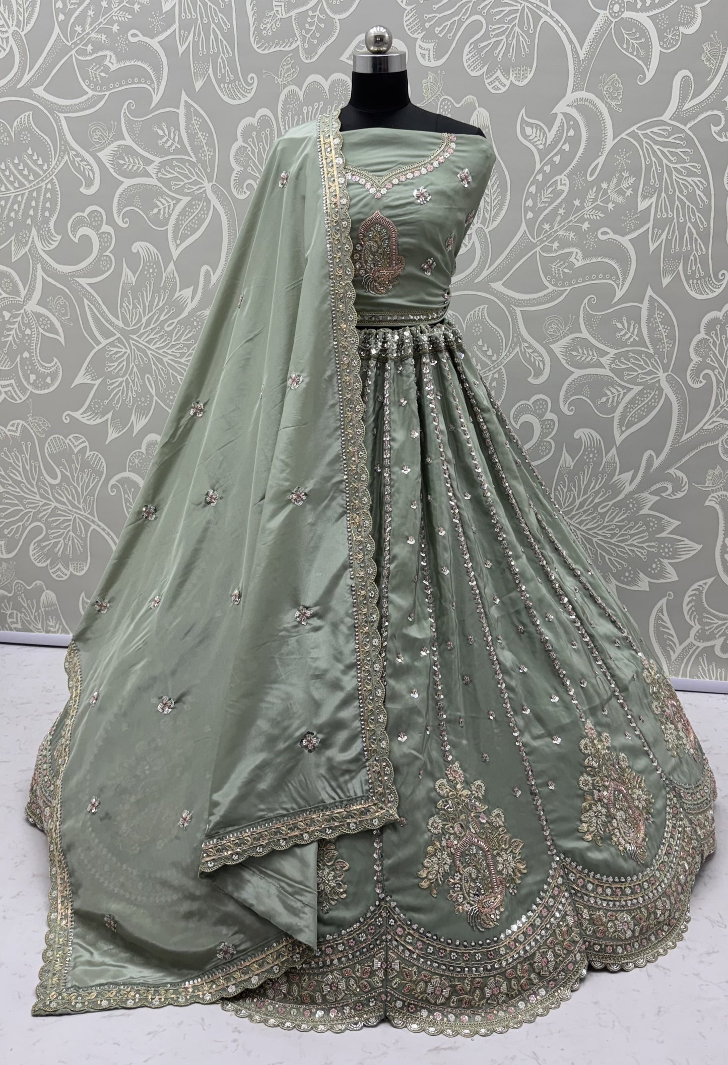 Sage Green Hand Embroidered Silk Lehenga Choli with Sequin Work & Dupatta | Wedding, Engagement & Reception Wear