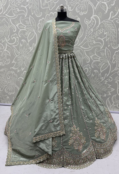 Sage Green Hand Embroidered Silk Lehenga Choli with Sequin Work & Dupatta | Wedding, Engagement & Reception Wear