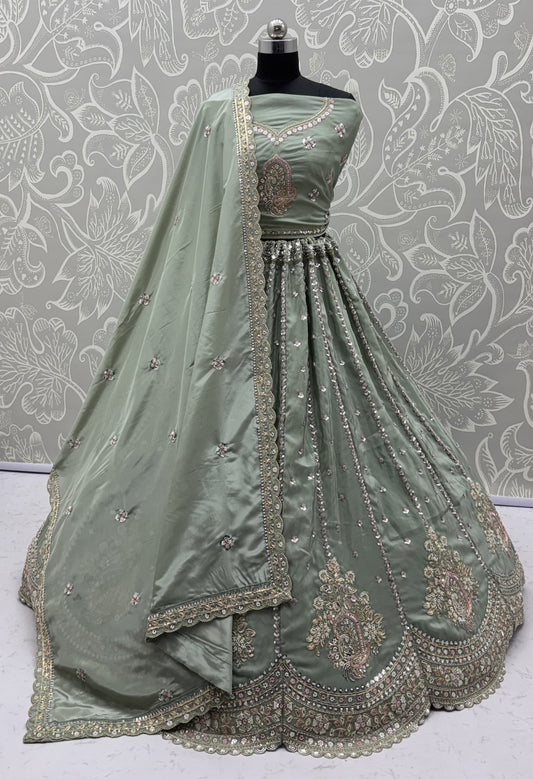 Sage Green Hand Embroidered Silk Lehenga Choli with Sequin Work & Dupatta | Wedding, Engagement & Reception Wear