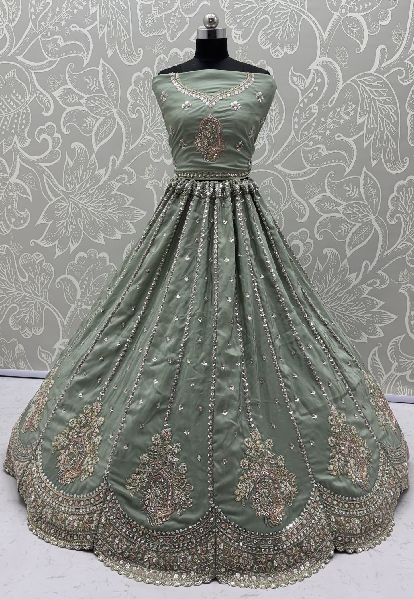 Sage Green Hand Embroidered Silk Lehenga Choli with Sequin Work & Dupatta | Wedding, Engagement & Reception Wear