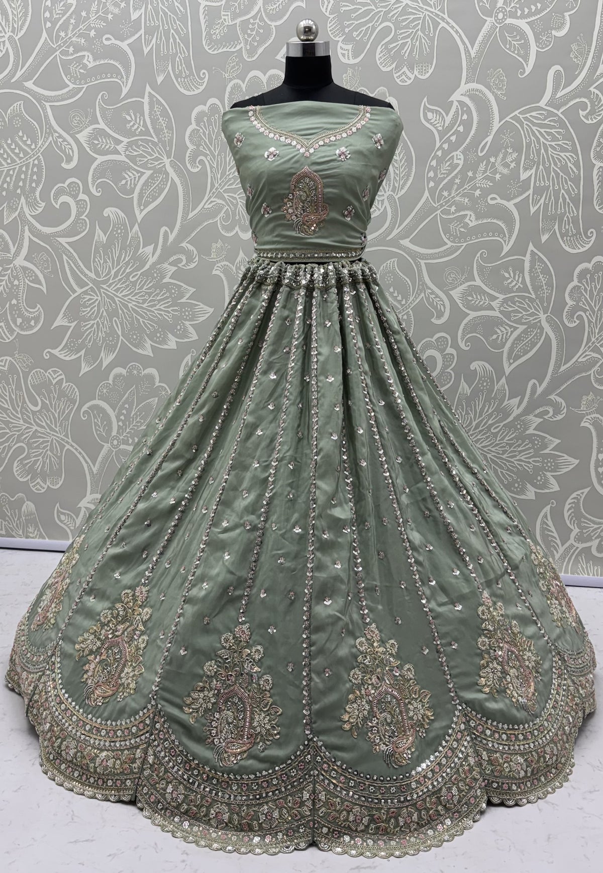 Sage Green Hand Embroidered Silk Lehenga Choli with Sequin Work & Dupatta | Wedding, Engagement & Reception Wear