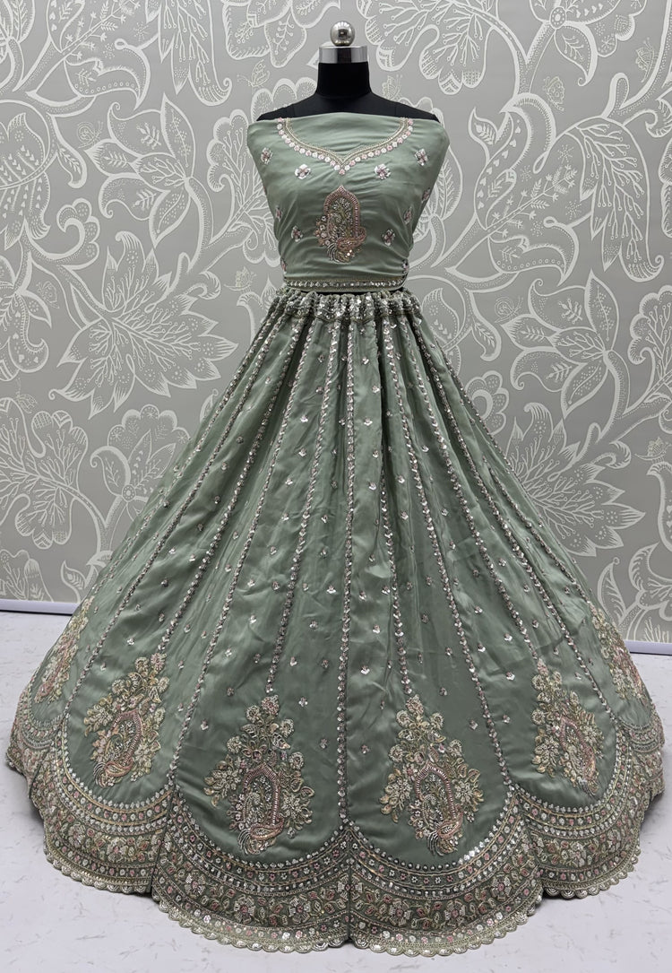 Sage Green Hand Embroidered Silk Lehenga Choli with Sequin Work & Dupatta | Wedding, Engagement & Reception Wear