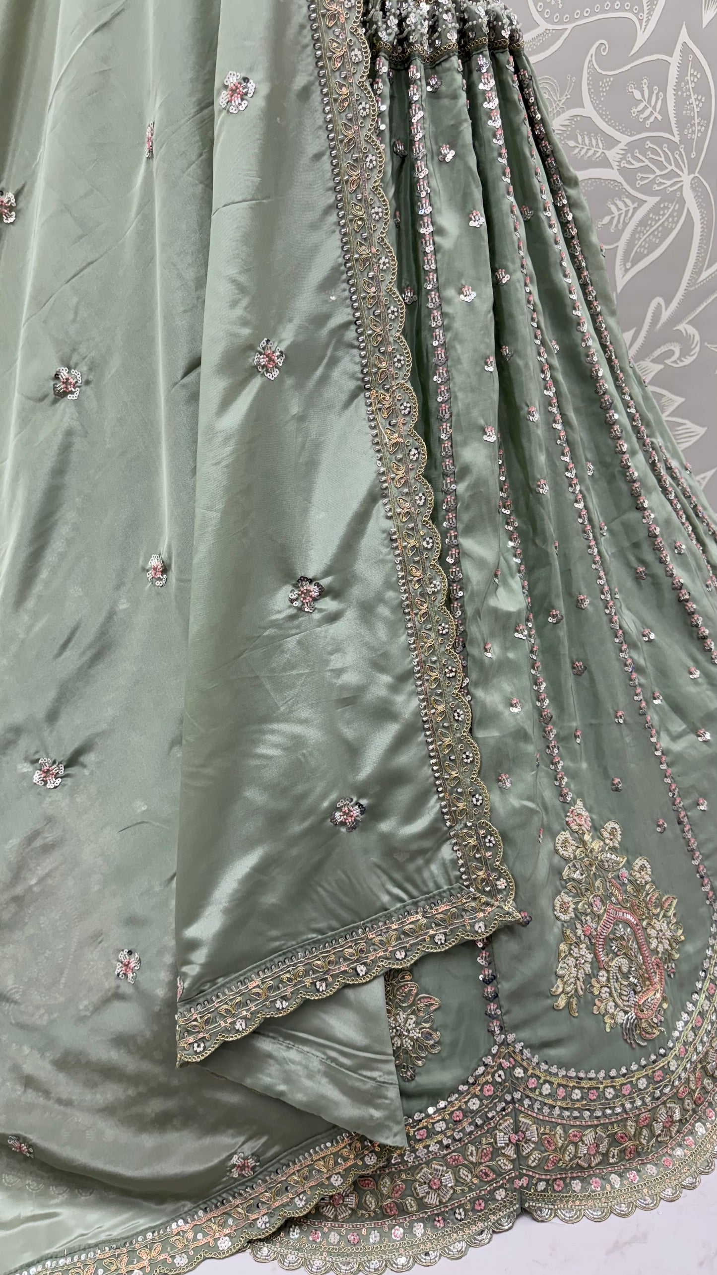 Sage Green Hand Embroidered Silk Lehenga Choli with Sequin Work & Dupatta | Wedding, Engagement & Reception Wear