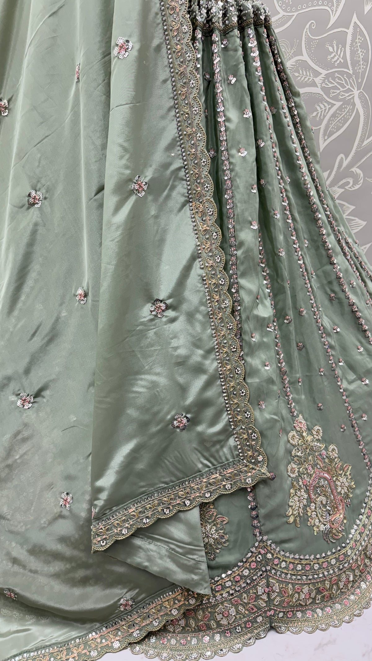 Sage Green Hand Embroidered Silk Lehenga Choli with Sequin Work & Dupatta | Wedding, Engagement & Reception Wear