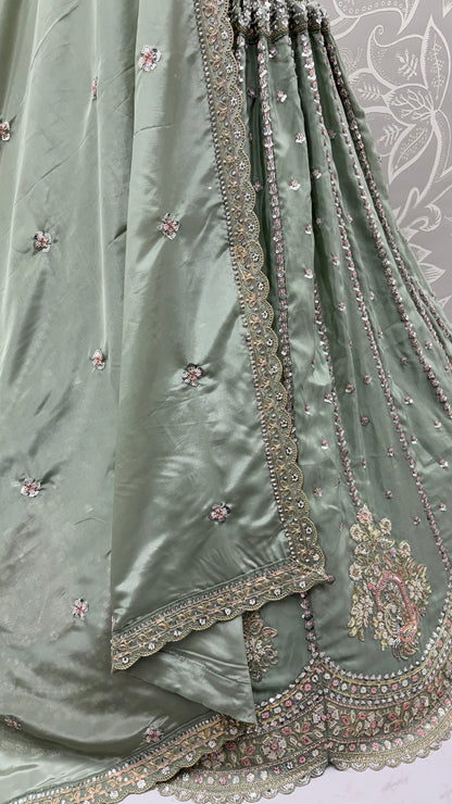 Sage Green Hand Embroidered Silk Lehenga Choli with Sequin Work & Dupatta | Wedding, Engagement & Reception Wear