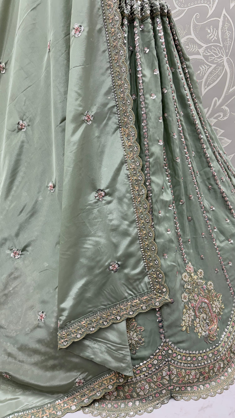 Sage Green Hand Embroidered Silk Lehenga Choli with Sequin Work & Dupatta | Wedding, Engagement & Reception Wear