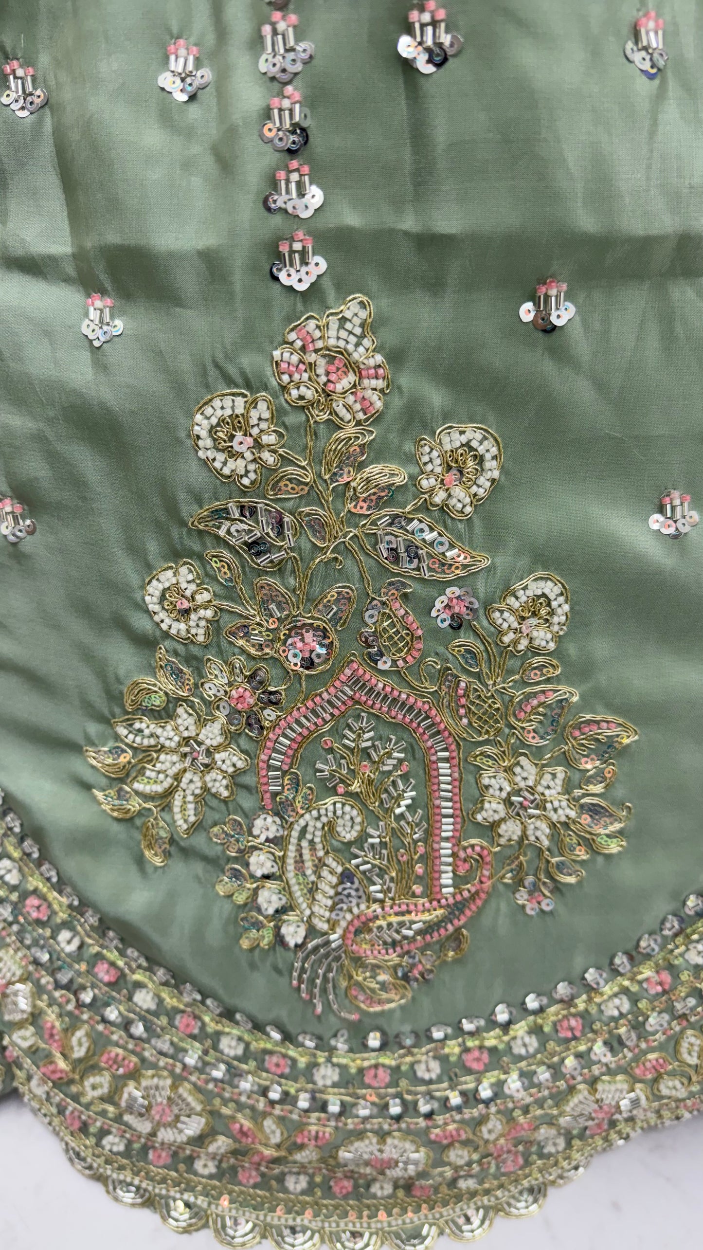 Sage Green Hand Embroidered Silk Lehenga Choli with Sequin Work & Dupatta | Wedding, Engagement & Reception Wear