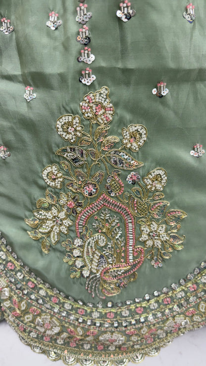 Sage Green Hand Embroidered Silk Lehenga Choli with Sequin Work & Dupatta | Wedding, Engagement & Reception Wear