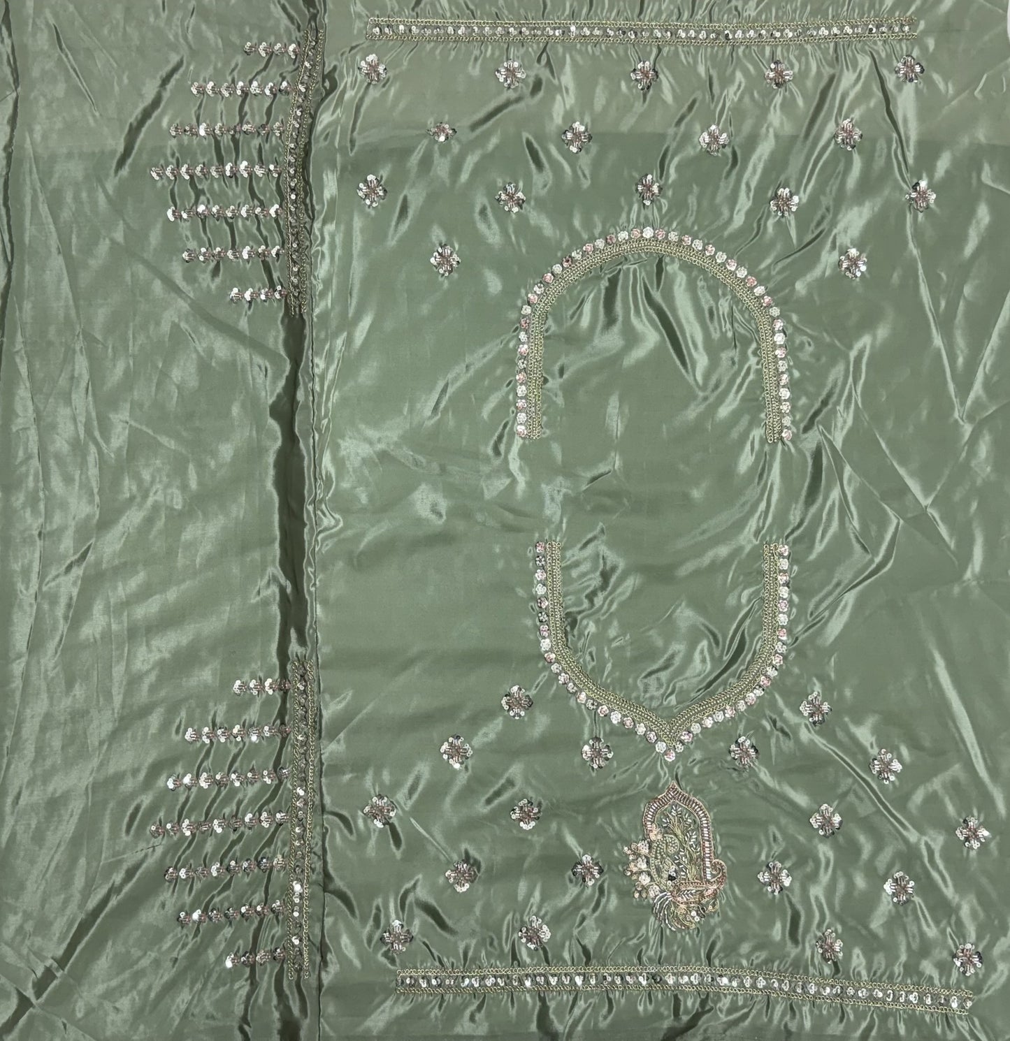 Sage Green Hand Embroidered Silk Lehenga Choli with Sequin Work & Dupatta | Wedding, Engagement & Reception Wear
