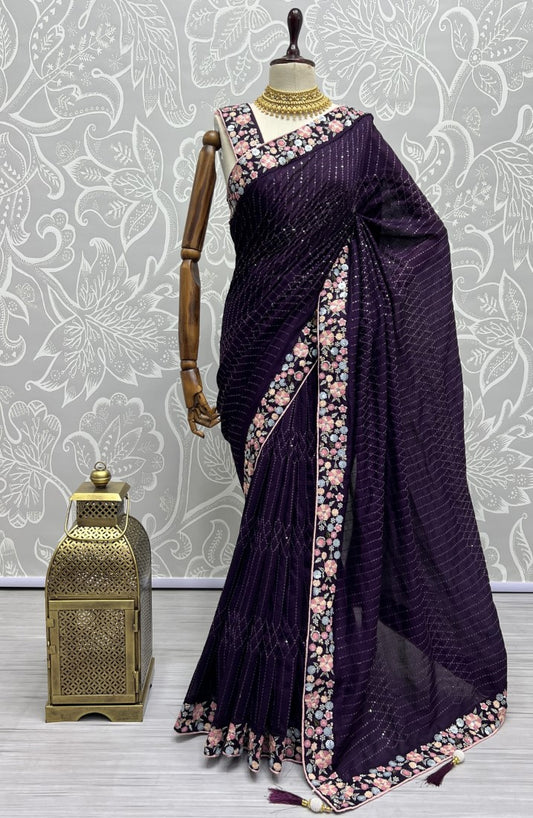 Purple Silk Patola with Sequene, Thread Embroidery, Zari Work.
