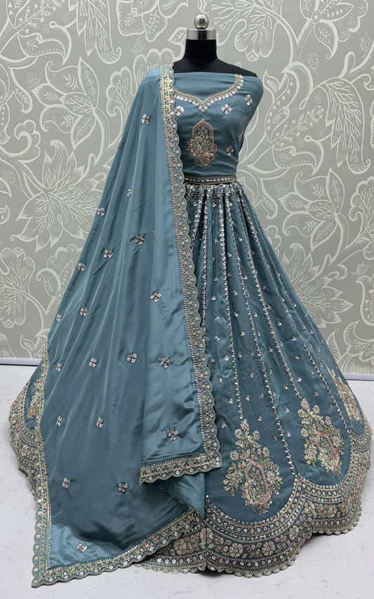 Dusty Blue Cadbury Silk Lehenga Choli with Intricate Boota Work & Scalloped Border
