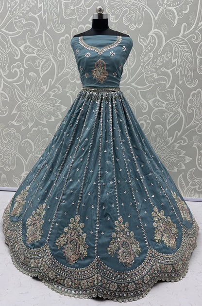 Dusty Blue Cadbury Silk Lehenga Choli with Intricate Boota Work & Scalloped Border
