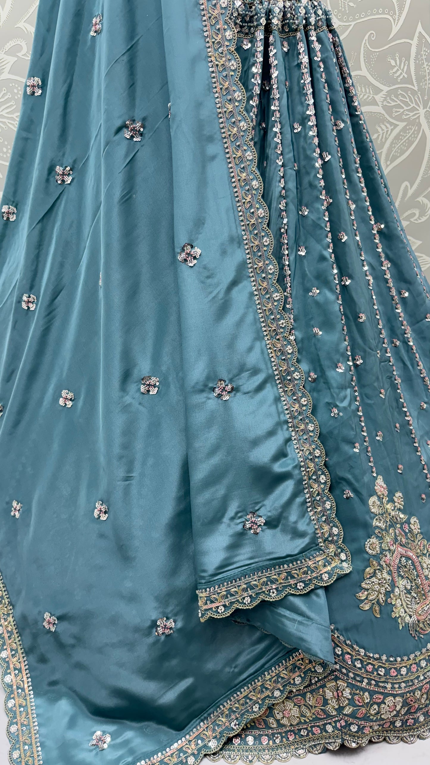 Dusty Blue Cadbury Silk Lehenga Choli with Intricate Boota Work & Scalloped Border