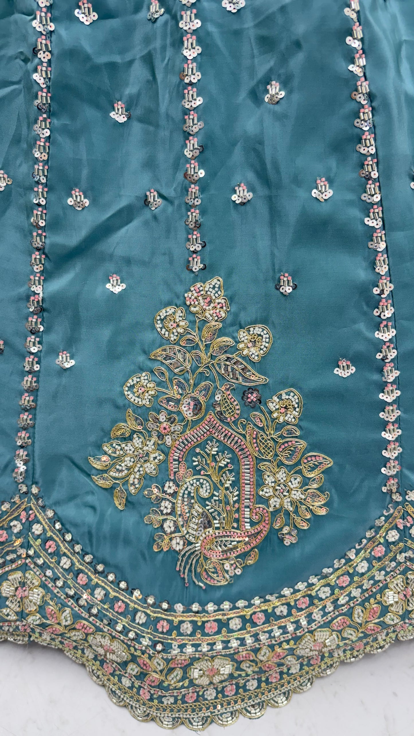 Dusty Blue Cadbury Silk Lehenga Choli with Intricate Boota Work & Scalloped Border