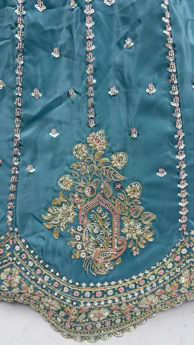 Dusty Blue Cadbury Silk Lehenga Choli with Intricate Boota Work & Scalloped Border