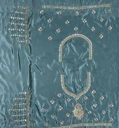 Dusty Blue Cadbury Silk Lehenga Choli with Intricate Boota Work & Scalloped Border
