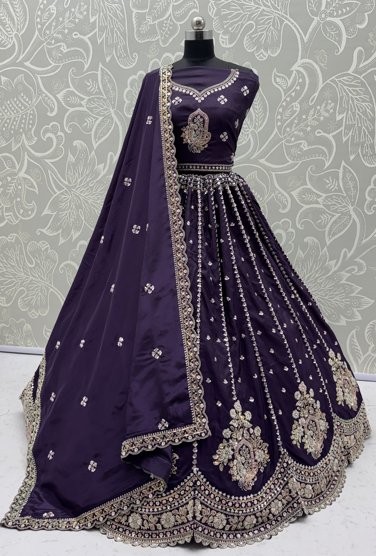 Royal Purple Cadbury Silk Lehenga Choli with Intricate Boota Embroidery & Scalloped Border