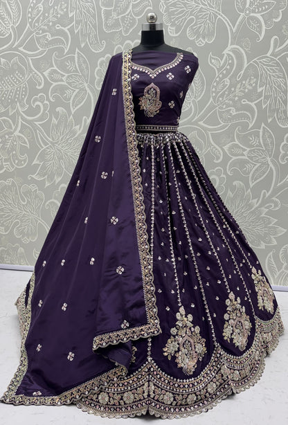 Royal Purple Cadbury Silk Lehenga Choli with Intricate Boota Embroidery & Scalloped Border