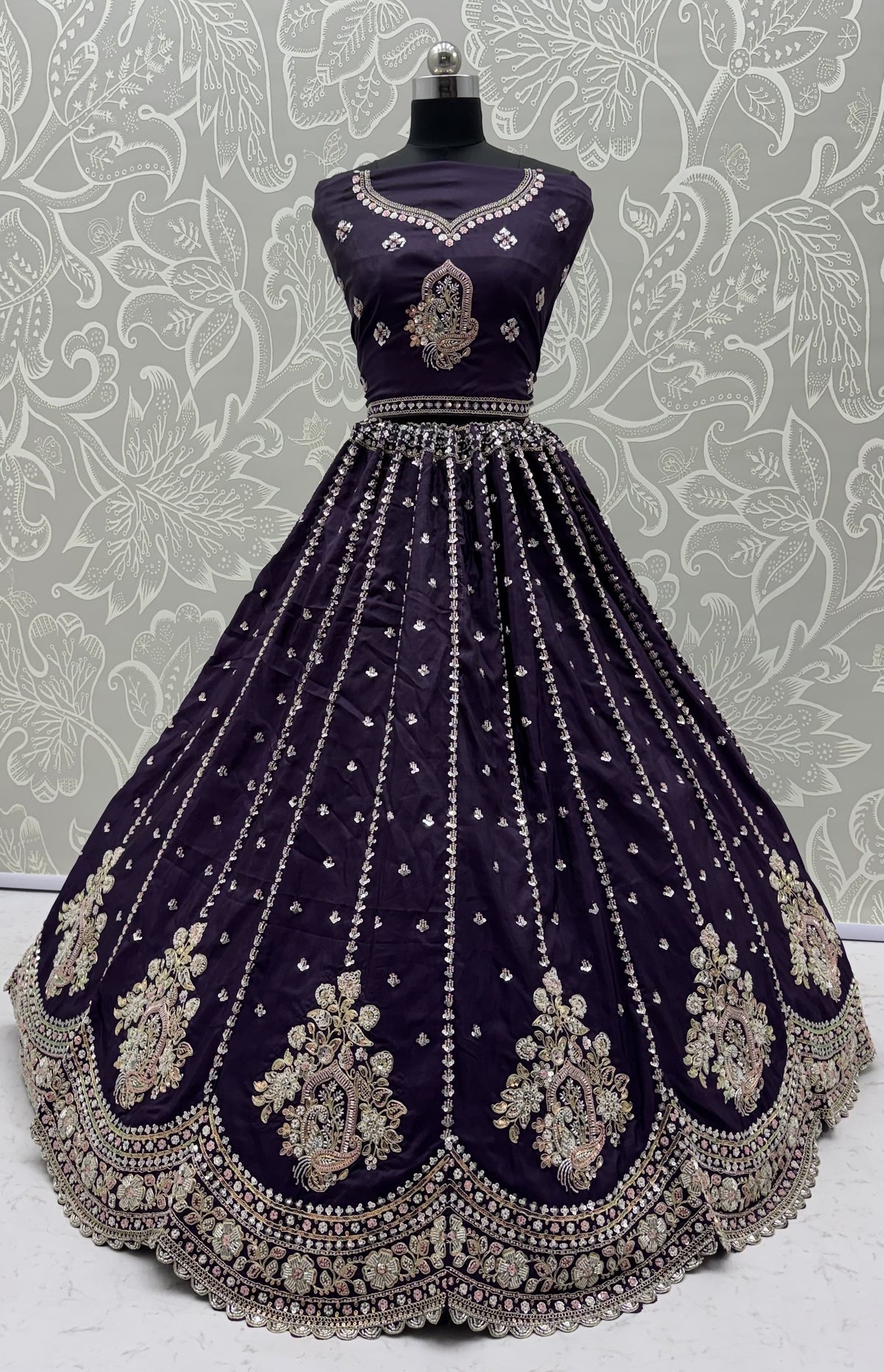 Royal Purple Cadbury Silk Lehenga Choli with Intricate Boota Embroidery & Scalloped Border