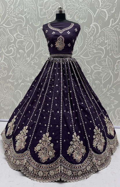 Royal Purple Cadbury Silk Lehenga Choli with Intricate Boota Embroidery & Scalloped Border