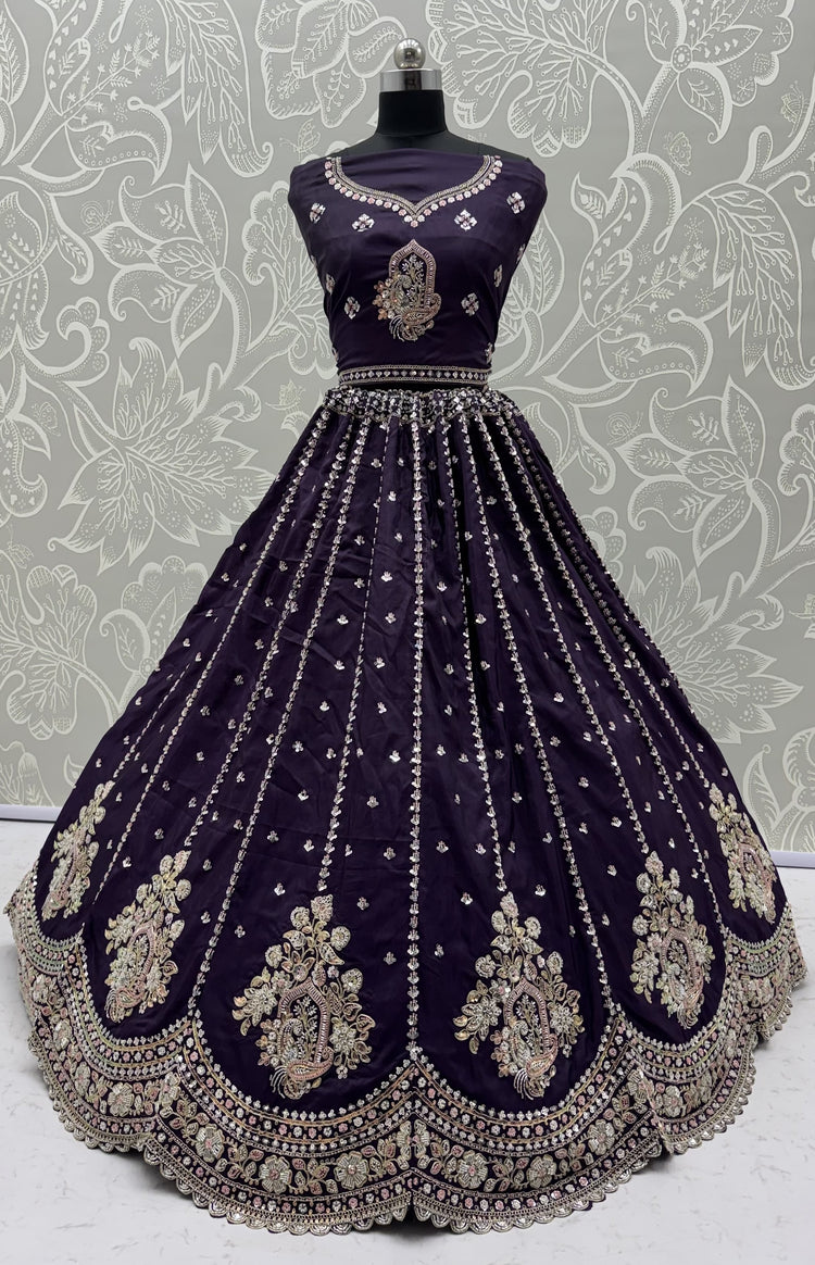 Royal Purple Cadbury Silk Lehenga Choli with Intricate Boota Embroidery & Scalloped Border