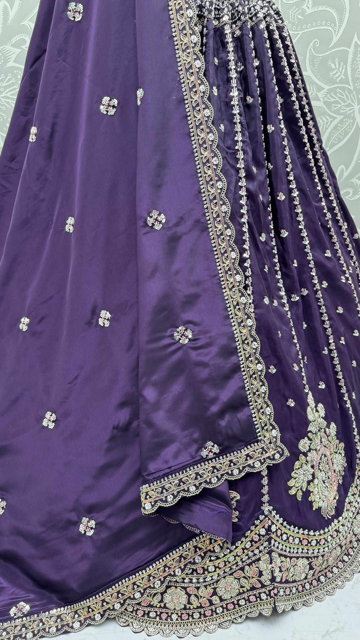 Royal Purple Cadbury Silk Lehenga Choli with Intricate Boota Embroidery & Scalloped Border