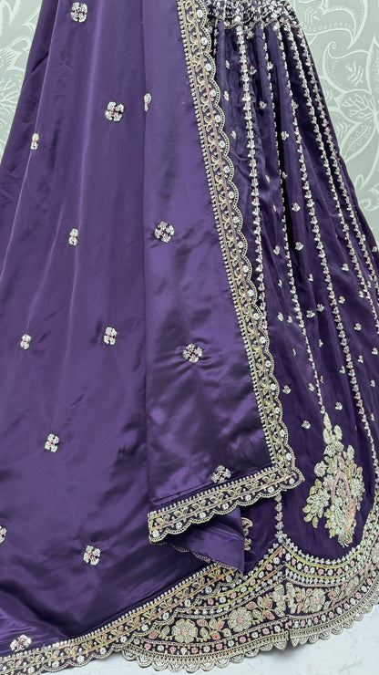 Royal Purple Cadbury Silk Lehenga Choli with Intricate Boota Embroidery & Scalloped Border