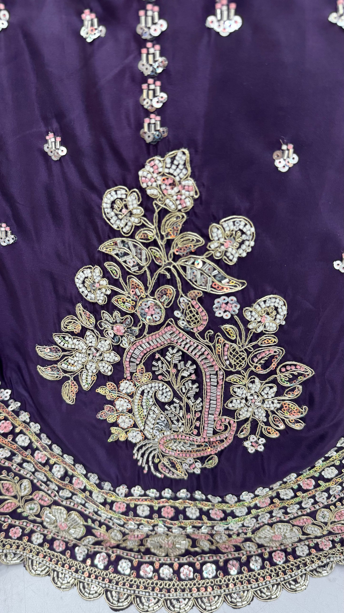 Royal Purple Cadbury Silk Lehenga Choli with Intricate Boota Embroidery & Scalloped Border
