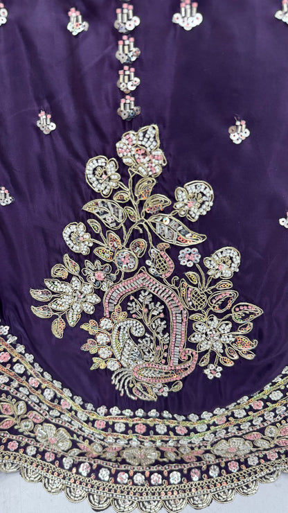 Royal Purple Cadbury Silk Lehenga Choli with Intricate Boota Embroidery & Scalloped Border