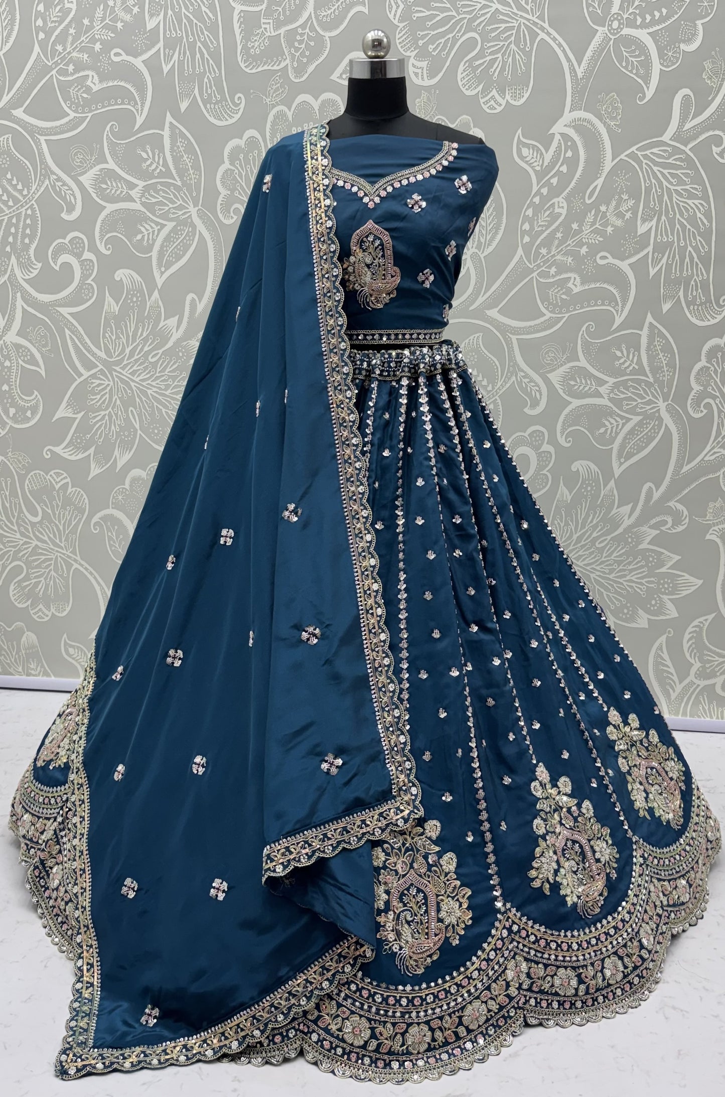 Midnight Teal Cadbury Silk Lehenga Choli with Intricate Boota Embroidery & Scalloped Border