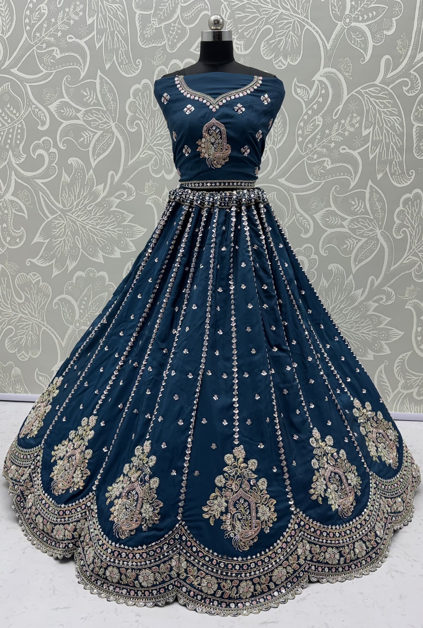 Midnight Teal Cadbury Silk Lehenga Choli with Intricate Boota Embroidery & Scalloped Border